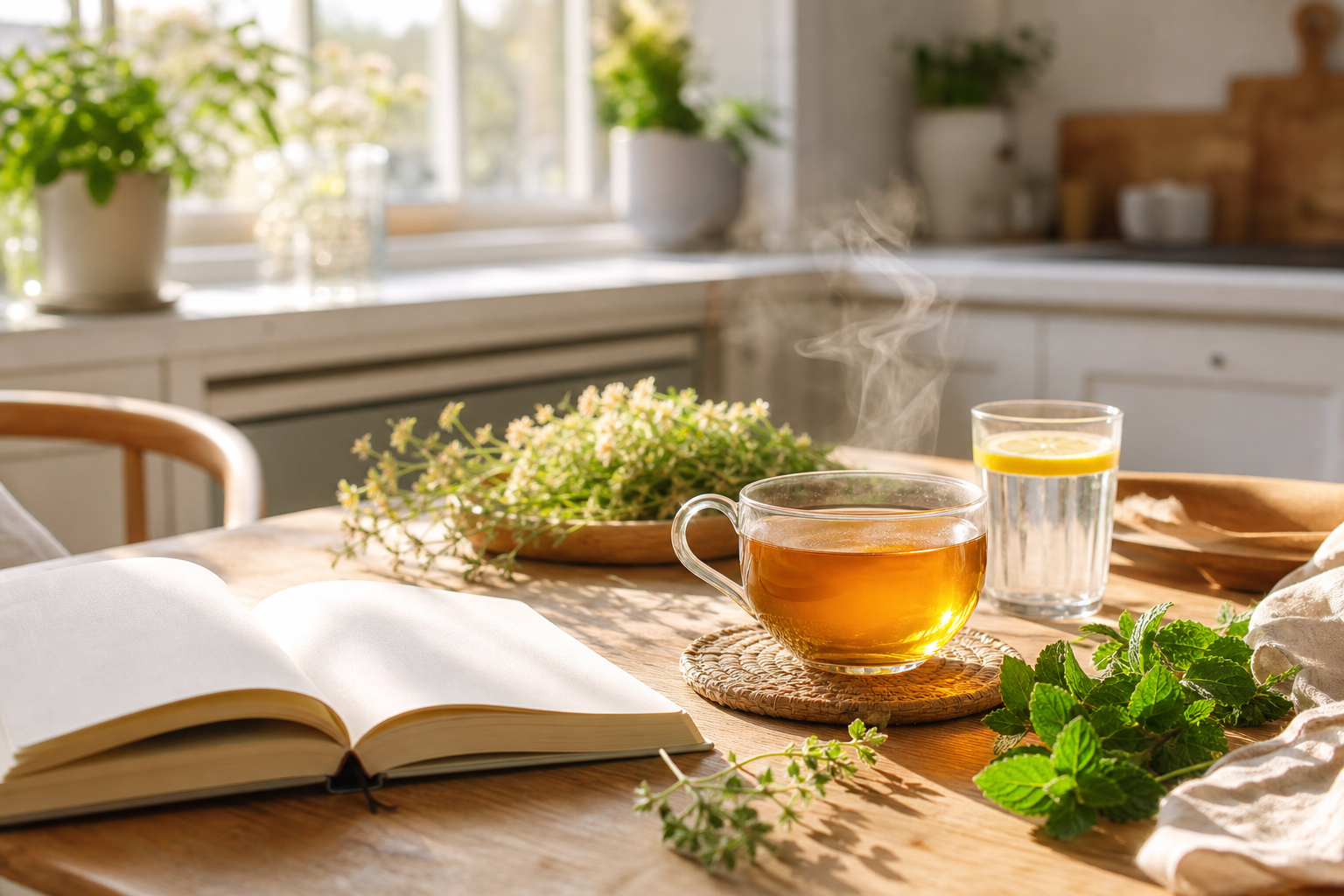 Natural wellness kitchen table with tea, herbs and notebook