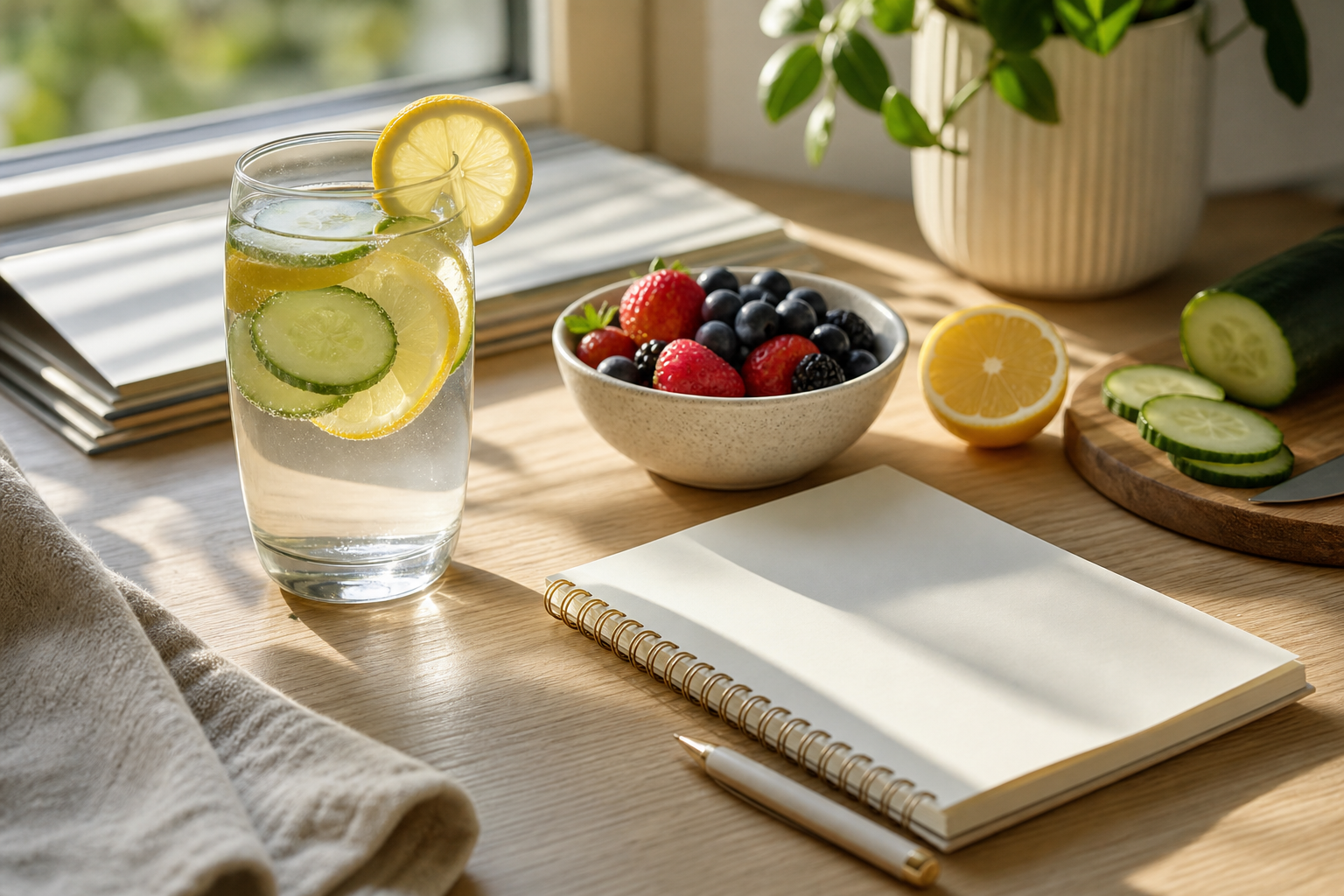 Water glass with citrus and habit notebook