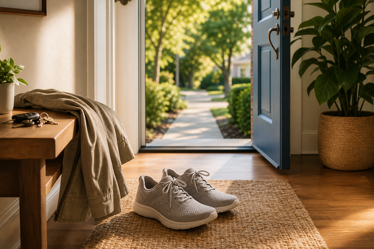Walking shoes by a bright front door