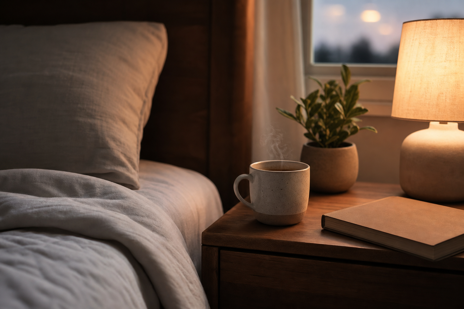 Warm bedroom nightstand with tea, lamp and book